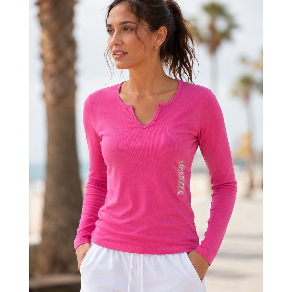 Vintage Y2K Liz Claiborne Lizwear Pink Rib Knit Long Sleeve Top Women Sm Stretch - Picture 2 of 10